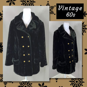 Vintage 60s Black Plush PeaCoat Mod Beatnik Midcentury Winter Indie Punk Hipster